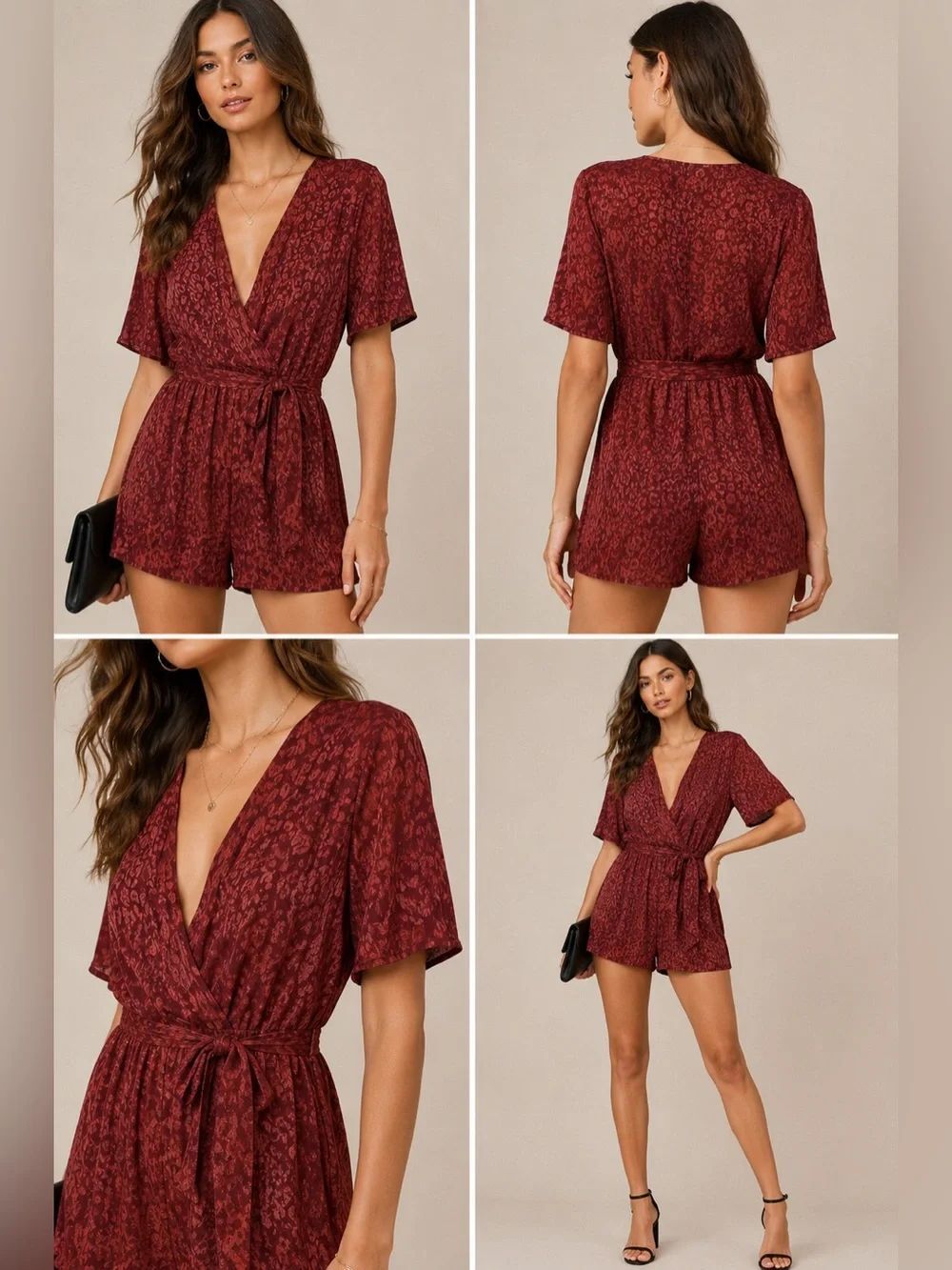 NWT Primark Burgundy Leopard Print Wrap Romper V-Neck Tie Waist Size 10
